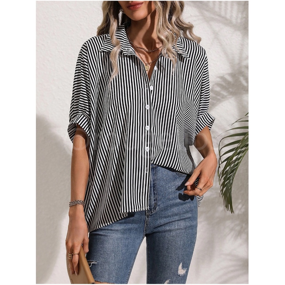 Striped Black White Button Up Front Shirt Oversized Batwing Half Sleeve V-Neck - Picture 6 of 9